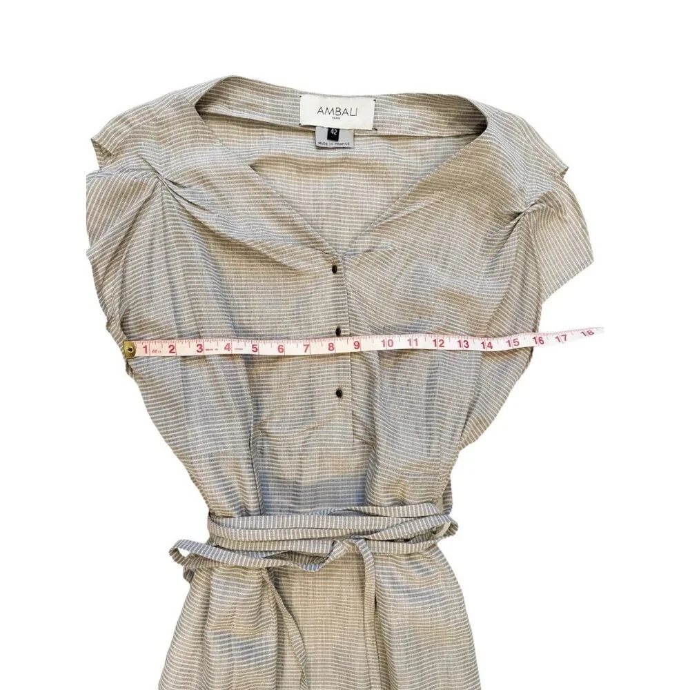 AMBALI Paris Dress US Size 10 Striped Pleated Taupe White Made in France Size 42 - Picture 4 of 12